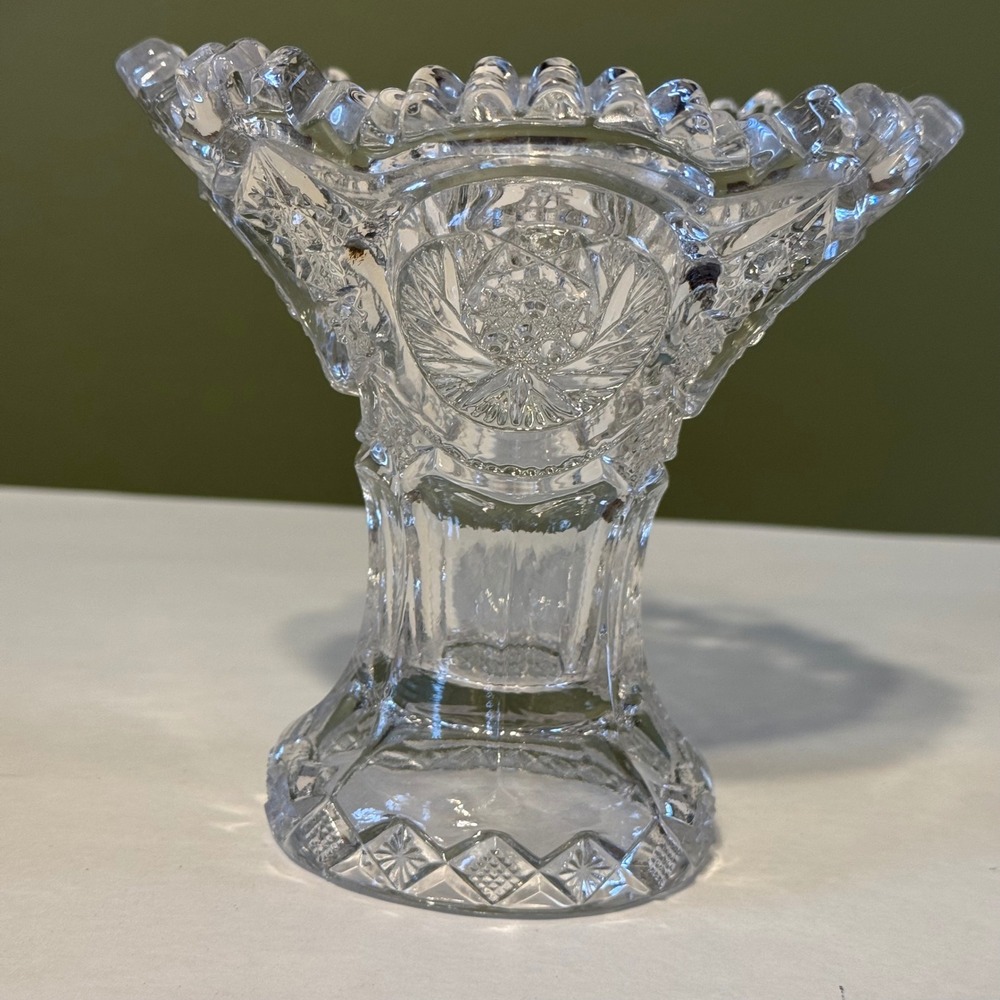 Vintage EAPG Clear Pressed Glass Pedestal Vase Sawtooth Ruffle Rim 5.5 Inch